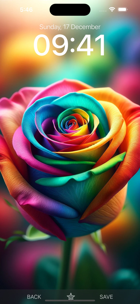 A vibrant rainbow colored rose shown as a lock screen wallpaper on an iPhone