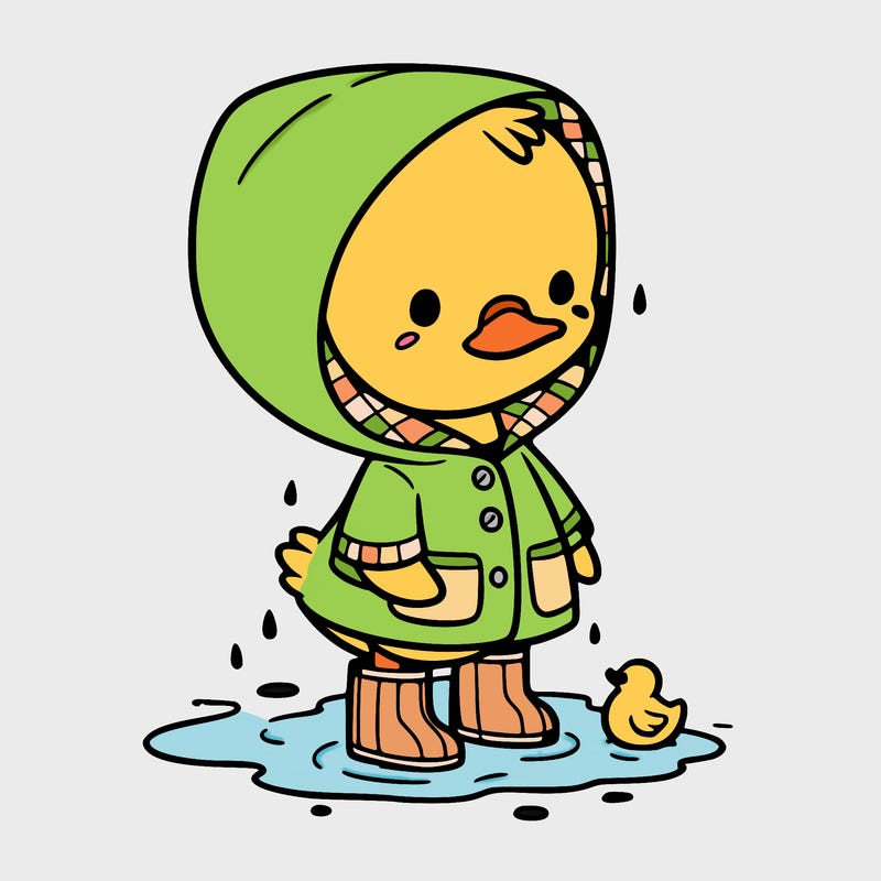 baby duck in a rain coat and boots, in a puddle while it’s raining