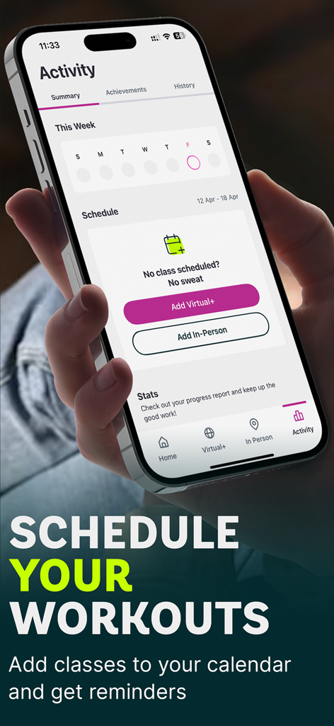 iPhone screen displaying the Zumba app activity page with options to schedule virtual and in-person dance classes
