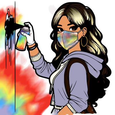 realistic girl with mask spray painting a wall