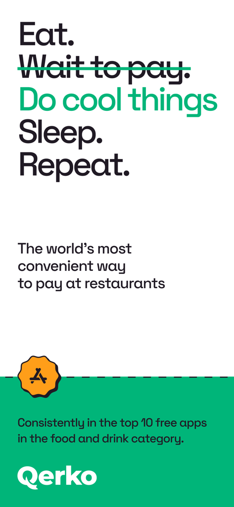 Qerko - Promotional graphic for the Qerko app describing it as a convenient way to pay at restaurants
