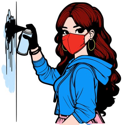 realistic girl with mask spray painting a wall