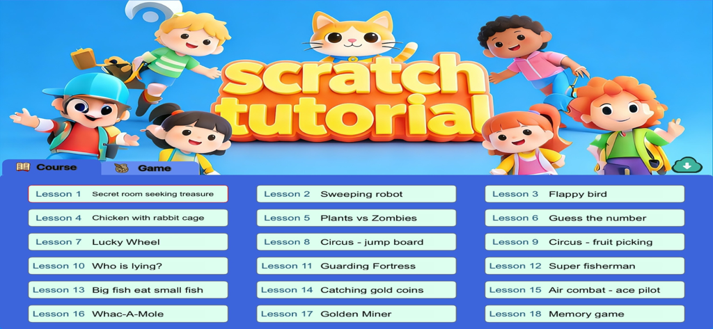 Scratch Tutorial app screen displaying a list of eighteen coding lessons for children.