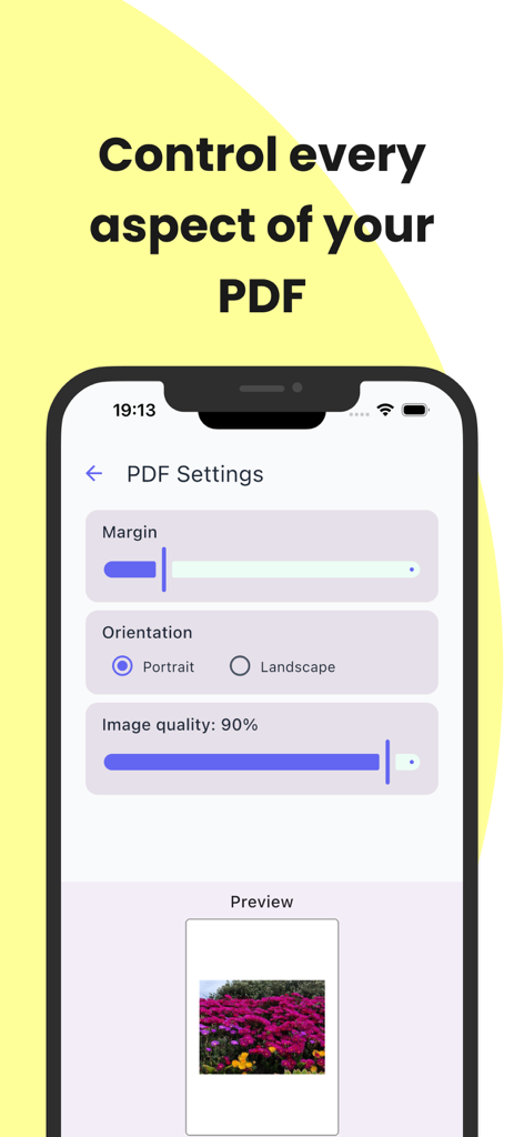 Photos to PDF Document - Interface do aplicativo Fotos para Documento PDF mostrando configurações ajustáveis para margens, orientação e qualidade de imagem