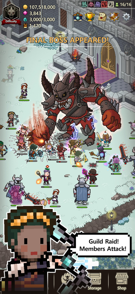 Evil Hunter Tycoon - Pixel art hunters attacking a massive boss during a Guild Raid