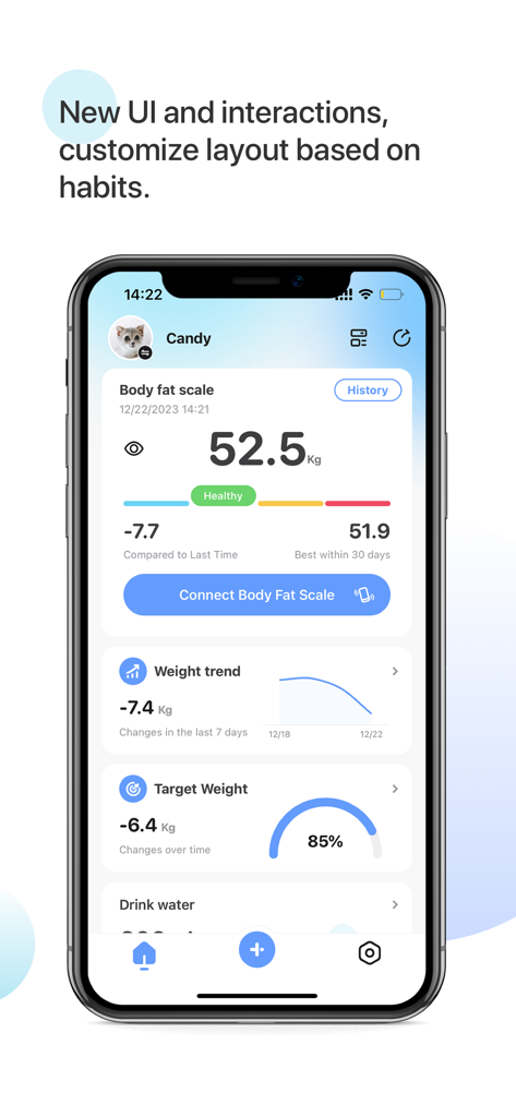 OKOK International mobile app dashboard showing weight, body fat scale data, and trend analysis charts.