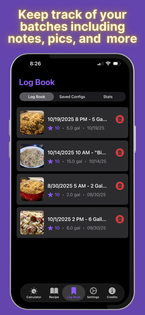 Jambalaya Calculator - Jambalaya Calculator log book showing a history of cooked batches with photos and pot sizes
