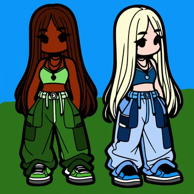 girl in baggy pants crop top and long hair