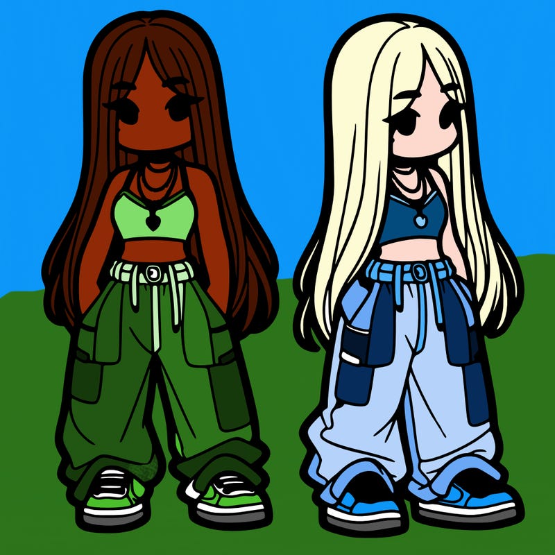 girl in baggy pants crop top and long hair