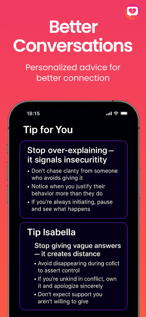 Red Flag: Chat Report Insights - Smartphone screen showing personalized relationship advice and conversation tips to improve communication and connection