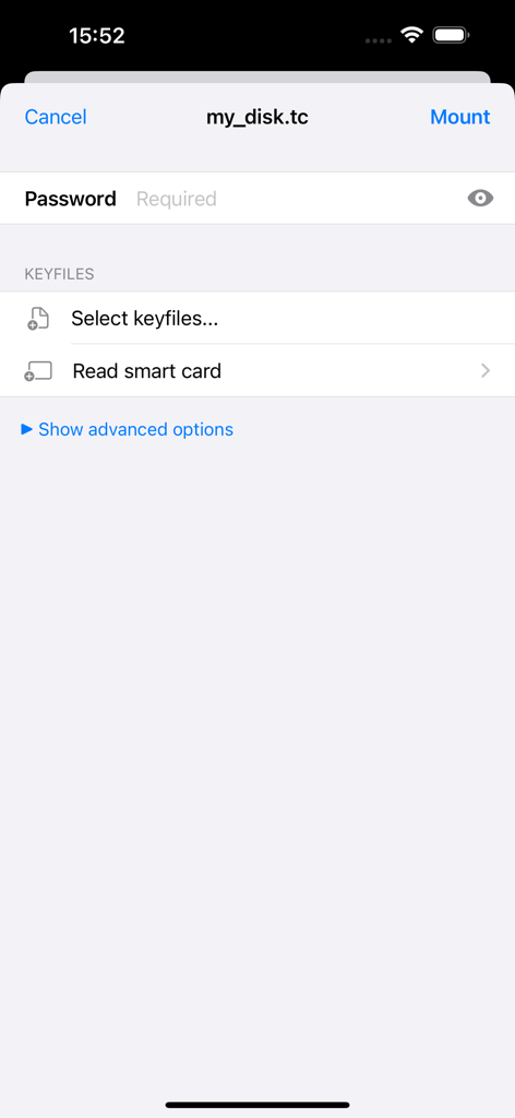 Disk Decipher app interface for mounting an encrypted disk image showing password and keyfile input fields