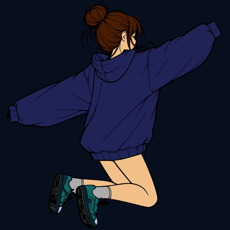 realistic girl jumping with a bun and oversized sweatshirt