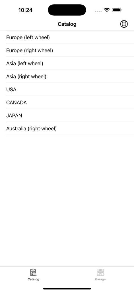 Car parts for Nissan (EPC) - Nissan EPC app catalog screen showing regional market selection options for car parts.