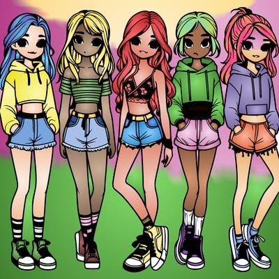 6 cute teenage girls wearing shorts and crop tops and hoodies