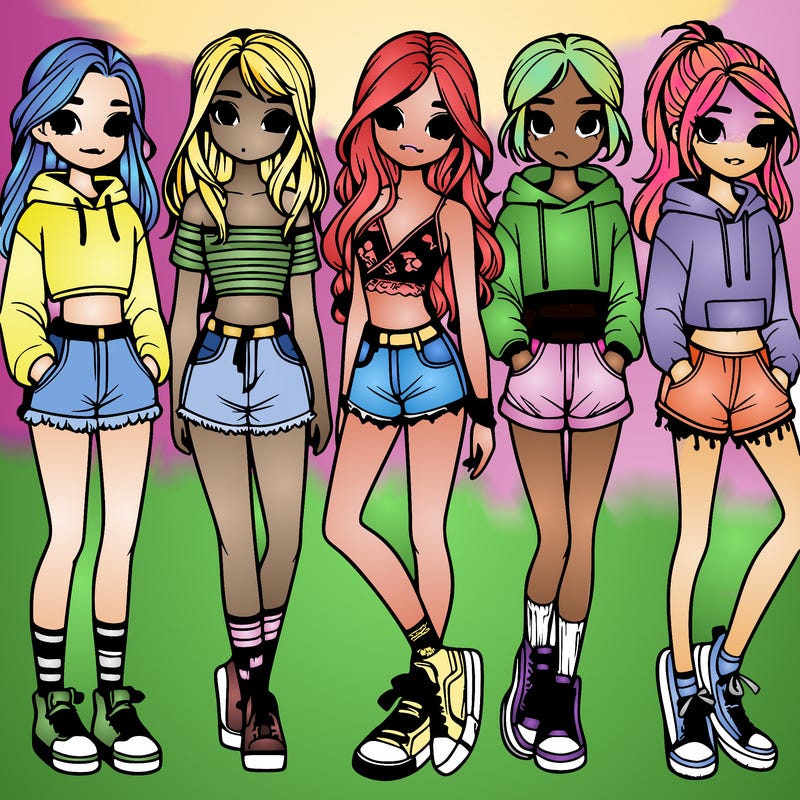 6 cute teenage girls wearing shorts and crop tops and hoodies