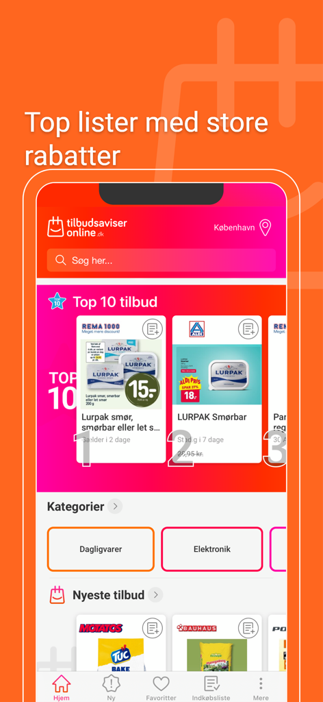 Mobile app interface showing top retail discounts and grocery categories in Denmark