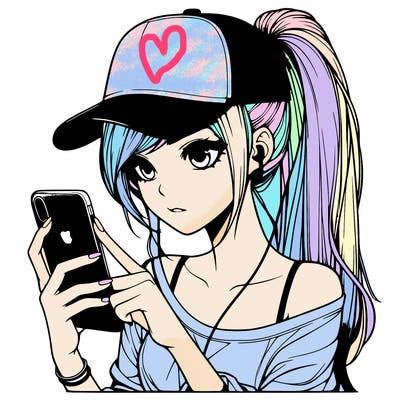 realistic girl with a long ponytail and trucker hat holding an iphone