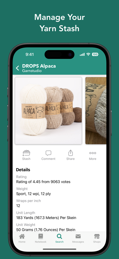 Alpaca: Your Ravelry Companion - Interface of the Alpaca app showing yarn stash details and specifications for DROPS Alpaca yarn.