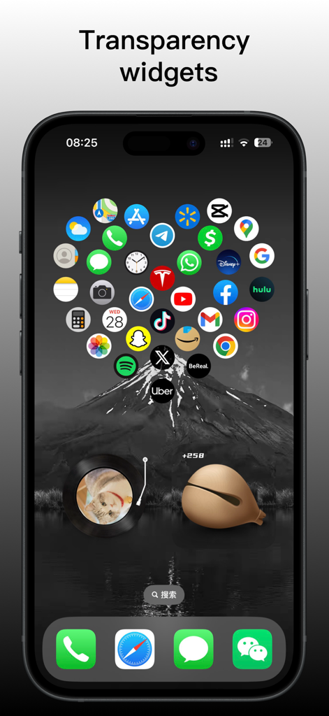 MoYo Widgets：Home/Lock Screen - Pantalla de inicio de iPhone usando el modo de transparencia de MoYo Widgets con una disposición de iconos en forma de corazón sobre un fondo de pantalla de montaña.