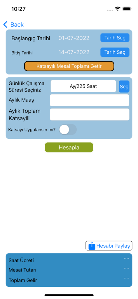 Mesailerim - A mobile application interface in Turkish for calculating overtime pay and monthly salary based on specific date ranges.