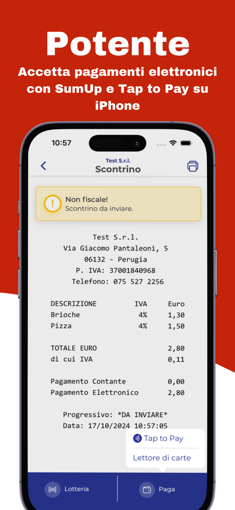 MyCassa Scontrino Elettronico - Pantalla de iPhone que muestra un recibo electrónico en la aplicación MyCassa con opciones de pago Tap to Pay y SumUp