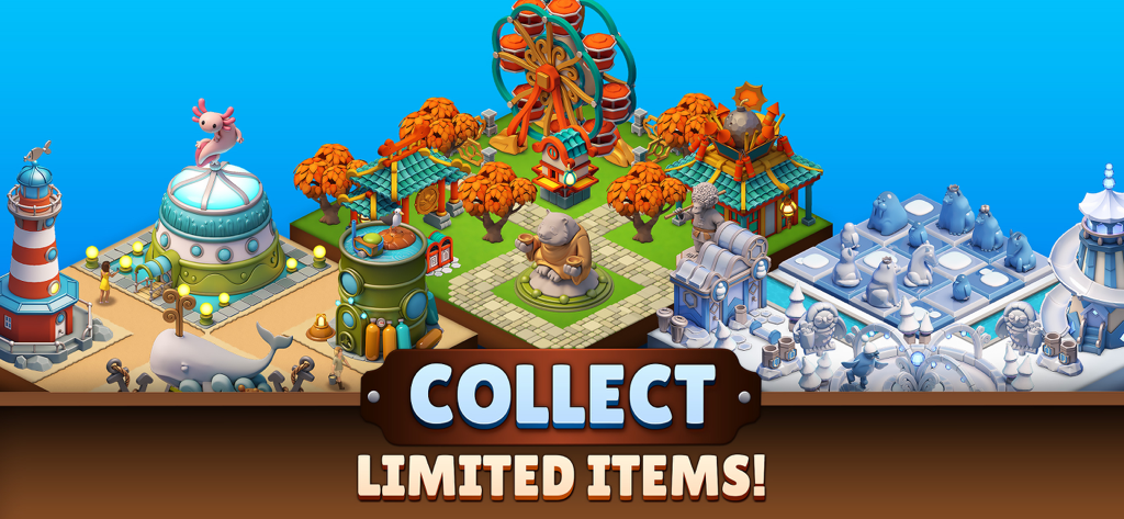 Zoo Life: Animal Park Game - Varios edificios y decoraciones temáticas en Zoo Life Animal Park Game con el texto Colecciona Artículos Limitados