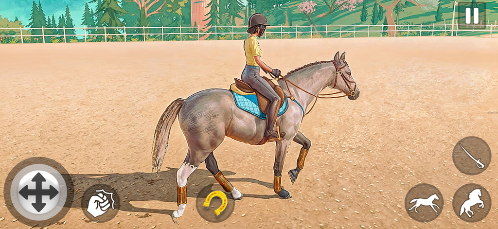 Pony Games Strategy Race - A character riding a grey horse in a training arena with on-screen game controls