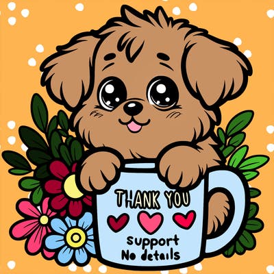 a really cute puppy holding a thank you for support mug with flowers everywhere