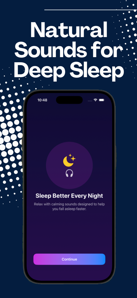 Fan Noise: Sleep Better - Pantalla de introducción de la aplicación Ruido de Ventilador Duerme Mejor que muestra sonidos naturales para un sueño profundo