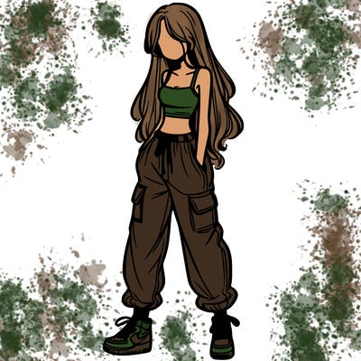 girl in baggy pants crop top and long hair