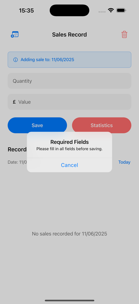 Sales Record mobile app screen showing a required fields alert when adding a new sale