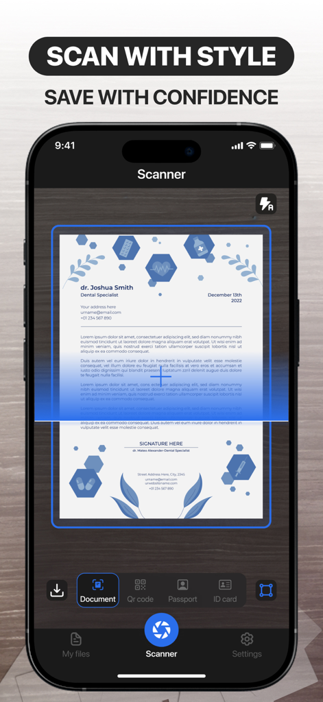 Cam Scanner: Smart Scan to PDF - Interface of the Cam Scanner app showing a professional document being scanned on a desk