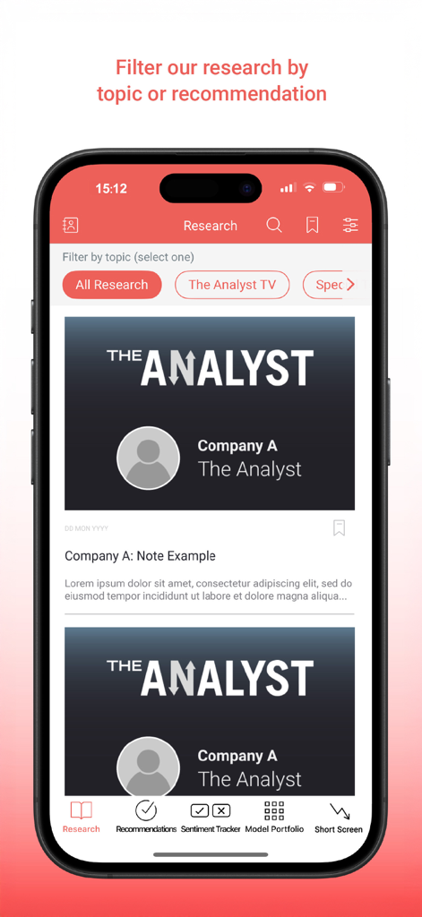 The Analyst App - Interface of The Analyst App showing the research feed with options to filter by topic or recommendation for financial professionals.