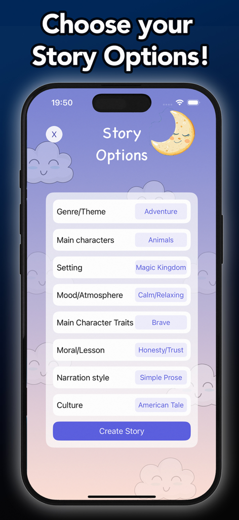 Bedtime Stories - StoryBook AI - Mobile app interface showing options to customize a bedtime story with theme, character, and setting selections