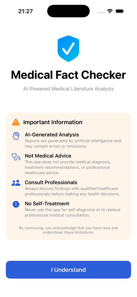 MedicalFactChecker - Disclaimer screen for Medical Fact Checker app showing important information and medical advice warnings.