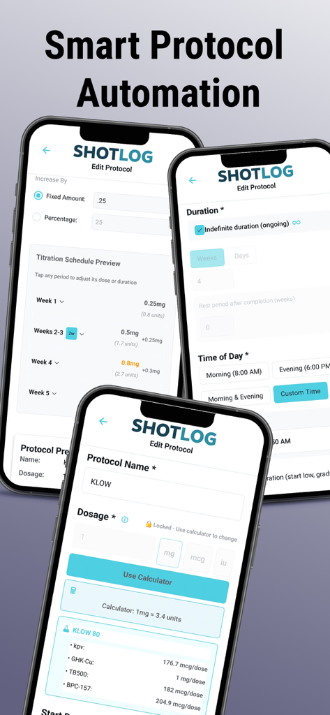 SHOTLOG app interface showing peptide protocol automation with titration schedules and dosage calculations