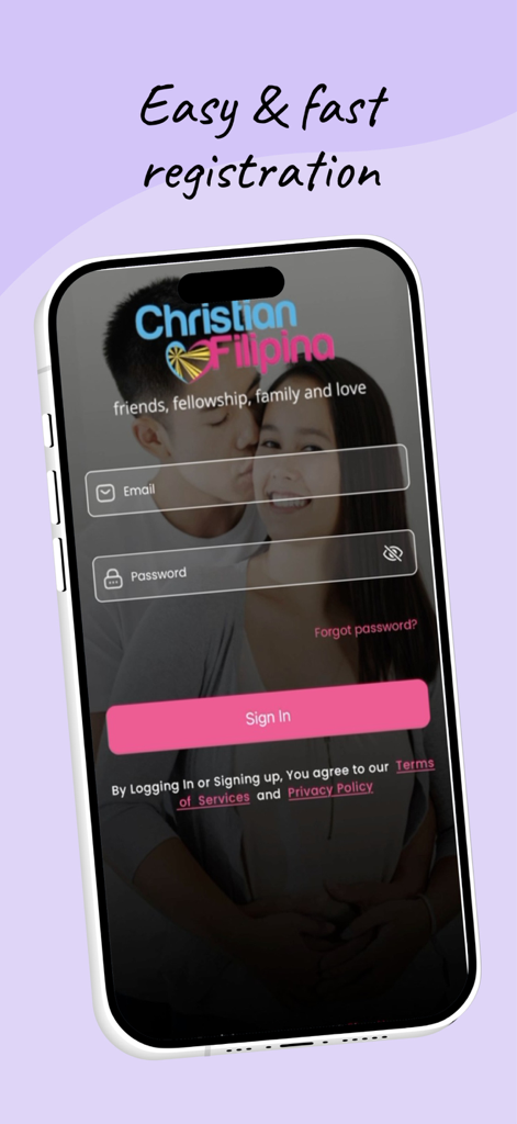 Christian Filipina Dating App - Login screen of the Christian Filipina app showing sign in fields and a happy couple