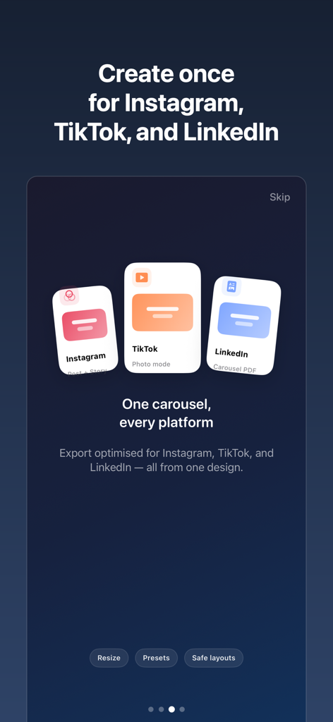 Carousel: AI Posts for Insta - App-Oberfläche, die optimierte Exportoptionen für Instagram, TikTok und LinkedIn zeigt