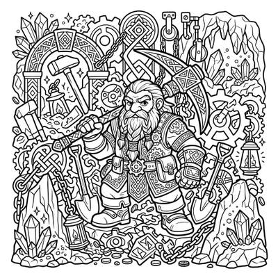 Journey deep into a fantastical mine with this detailed coloring page featuring a proud dwarf miner, perfect for creative teens. Discover intricate details of mining tools, precious crystals, and ancient gears as you bring this scene to life.