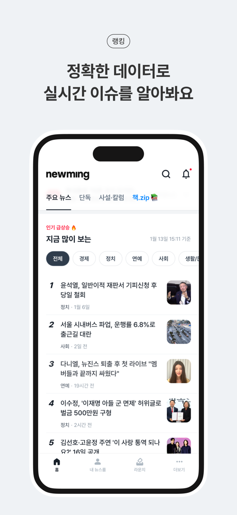 뉴밍 - AI 뉴스 플랫폼 - 다양한 카테고리에 걸쳐 실시간 인기 뉴스 순위 목록을 표시하는 뉴밍 모바일 앱 화면