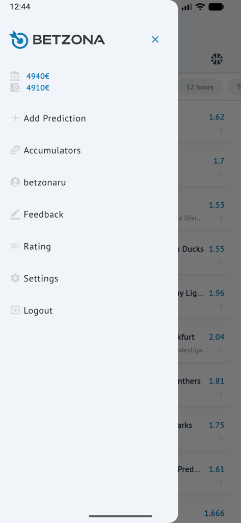 Betzona - Sports betting tips - Navigation sidebar menu of the Betzona app showing user balance and account settings