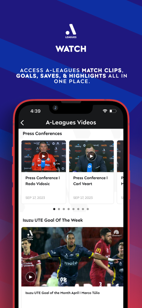 A-Leagues & Clubs Official App - Pantalla móvil de la aplicación A-Leagues que muestra conferencias de prensa y resúmenes de goles de fútbol