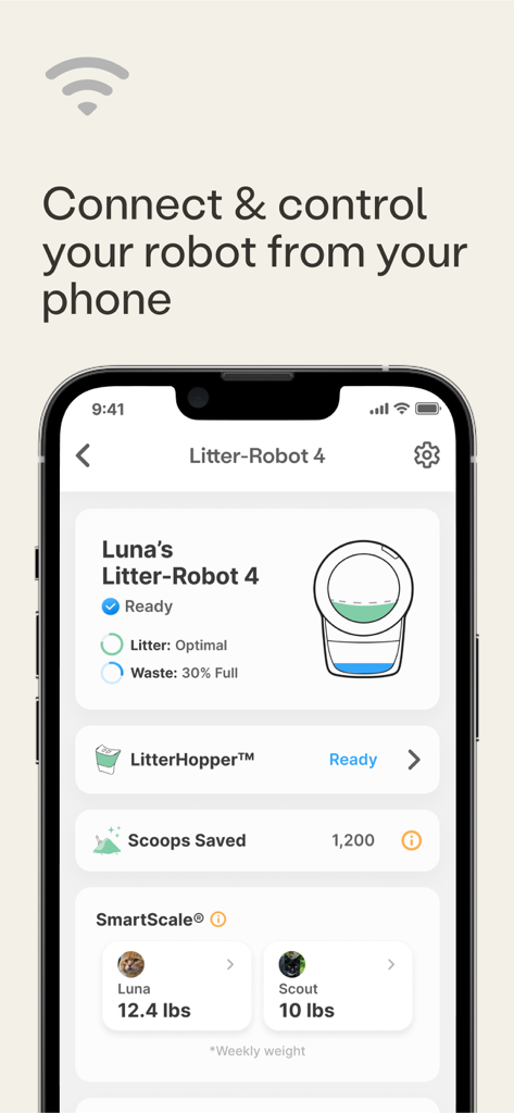 Dashboard dell'app Whisker che mostra lo stato del Litter-Robot 4, i livelli dei rifiuti e il monitoraggio del peso del gatto tramite SmartScale.
