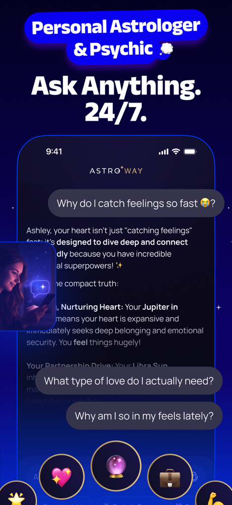 Astro Way - Personal Astrology - Astro Way app interface showing a 24/7 AI astrology chat about relationships and emotions