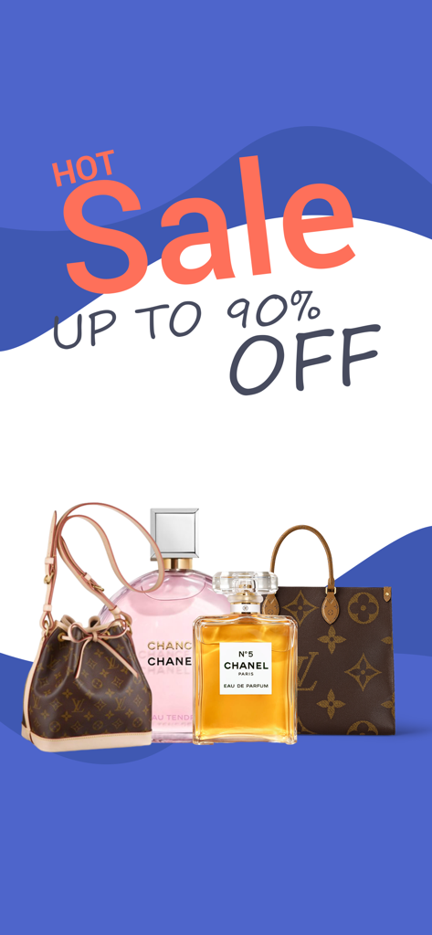 ラグジュアリーオンラインアプリのプロモーションバナー。デザイナーハンドバッグと香水が90%オフで表示されています。