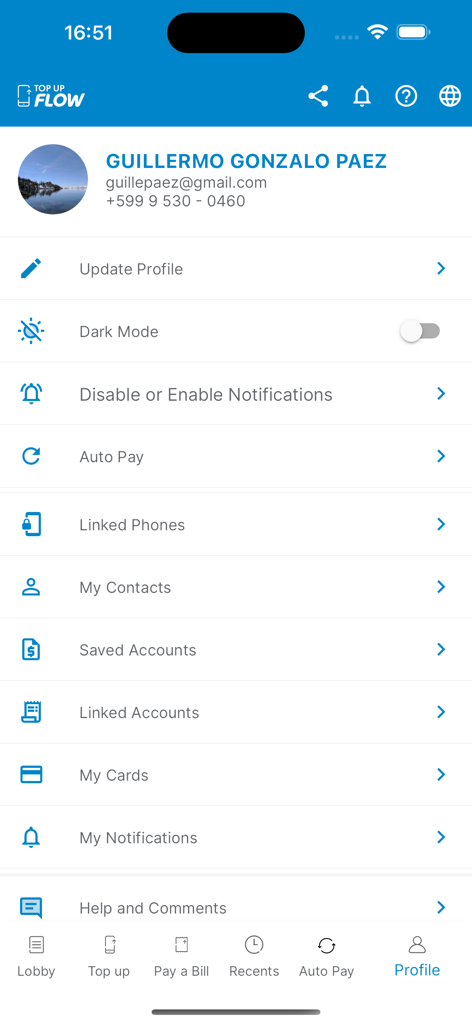 Topup Flow - Topup Flow app profile screen showing user account details and settings menu