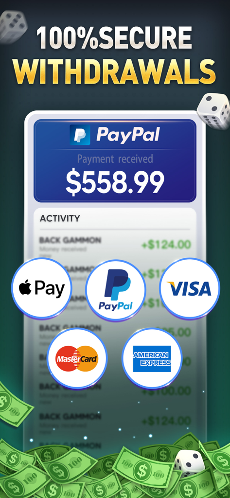 Secure withdrawal interface for Backgammon Live showing PayPal and credit card payment options