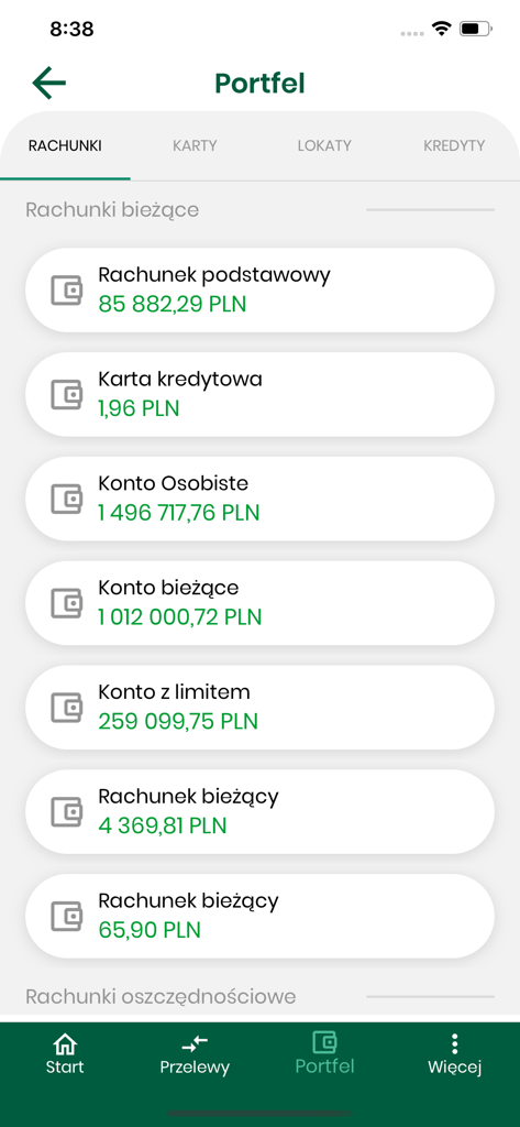PBS Kędzierzyn-Koźle - Pantalla de billetera de la aplicación móvil PBS Kedzierzyn Kozle que muestra saldos de múltiples cuentas en PLN