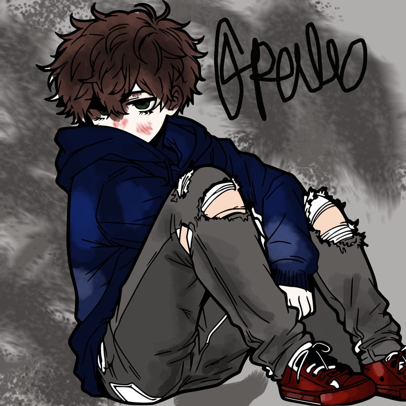 a male hoddie ripped jeans messy hair anime