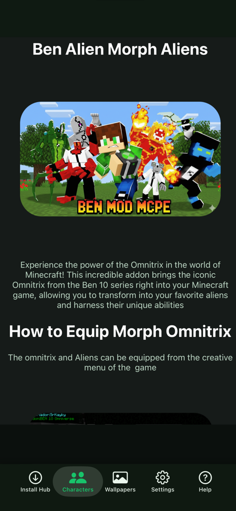 Ben Alien Morph for MCPE - Transformaciones de alienígenas de Ben 10 e instrucciones del mod para Minecraft Pocket Edition.